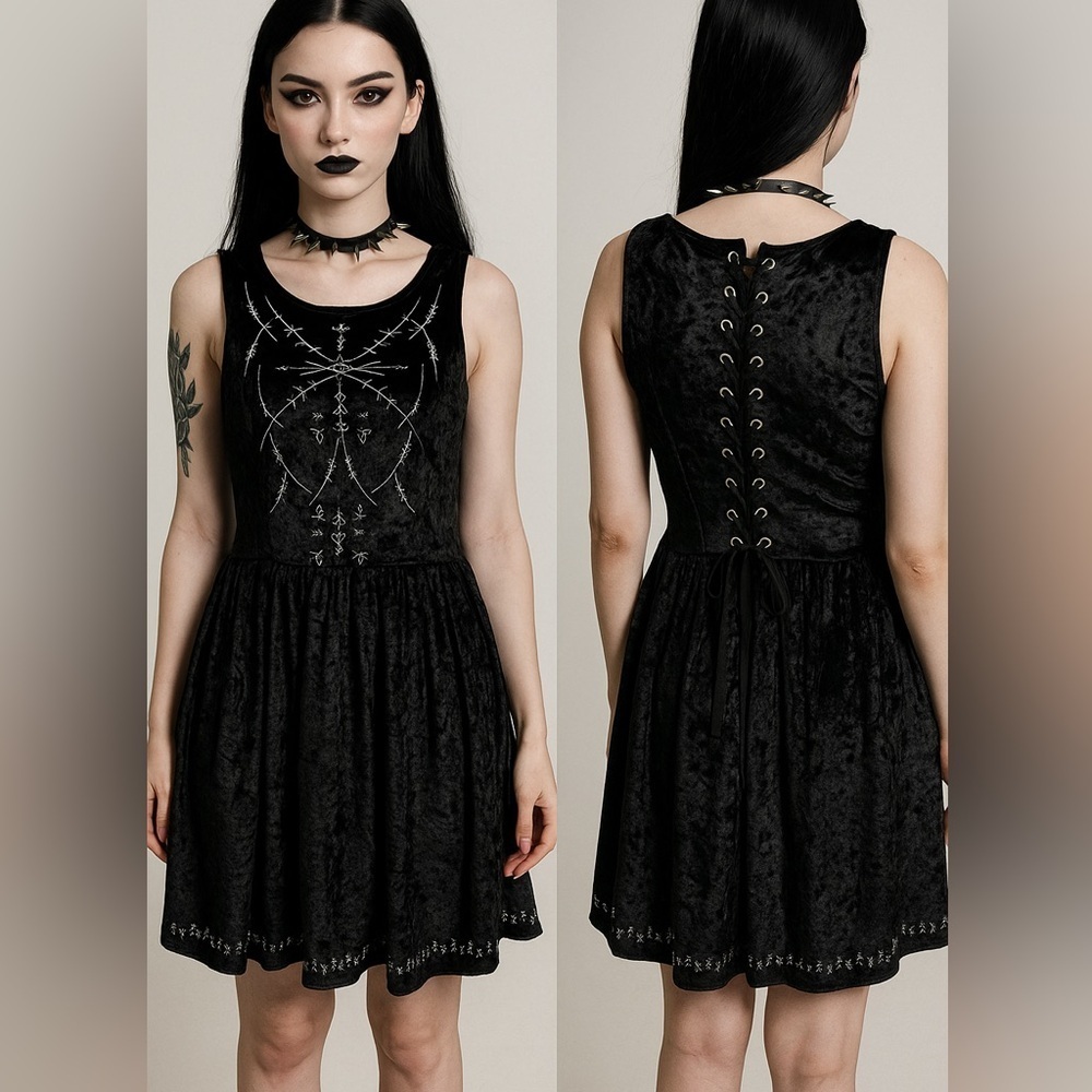 POL crushed velvet embroidered swing dress, black, mock corset back , sz M
